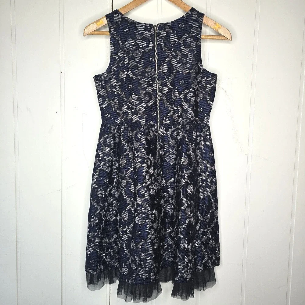 Justice‎ Lace Tulle Fit and Flare Dress Girls 14 Navy Blue Silver Holiday Party